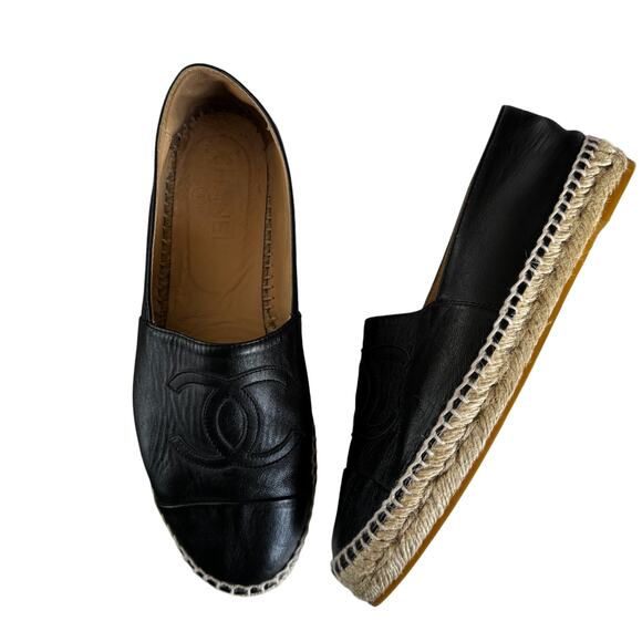 Chanel Black Leather Interlocking CC Logo Espadrilles Flats Size EU 39 - Picture 2 of 14